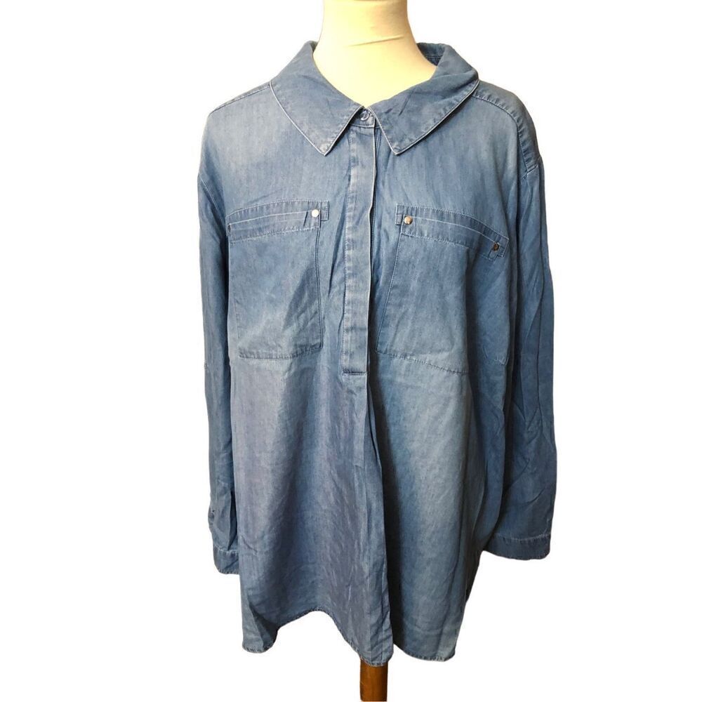Lane Bryant chambray long sleeve blouse cotton Lyocell blend size 26/28
